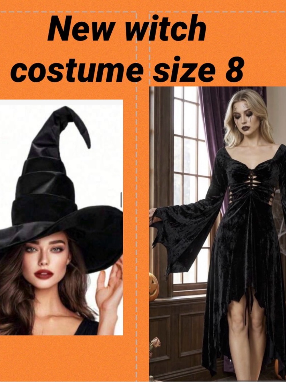 Black Witch Costume Dress and Hat- Size 8